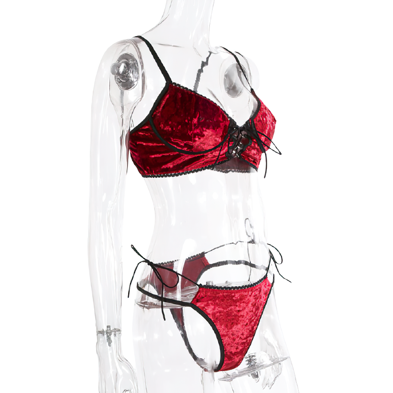 Women's Velvet Hollow Out Lace Up Lingerie Set / Sexy Burgundy Brief Sets Underwear - EVE's SECRETS
