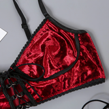 Women's Velvet Hollow Out Lace Up Lingerie Set / Sexy Burgundy Brief Sets Underwear - EVE's SECRETS