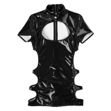Women's Wet Look Patent Leather Costumes / Bare Breast Mini Dress / Short Sleeve Zipper Dresses - EVE's SECRETS