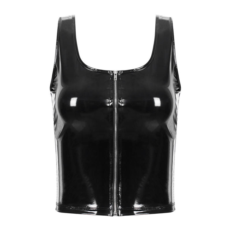 Women's Wet Look Tank Top with Zipper / Sexy U-neck Sleeveless Outfits in Two Colors - EVE's SECRETS