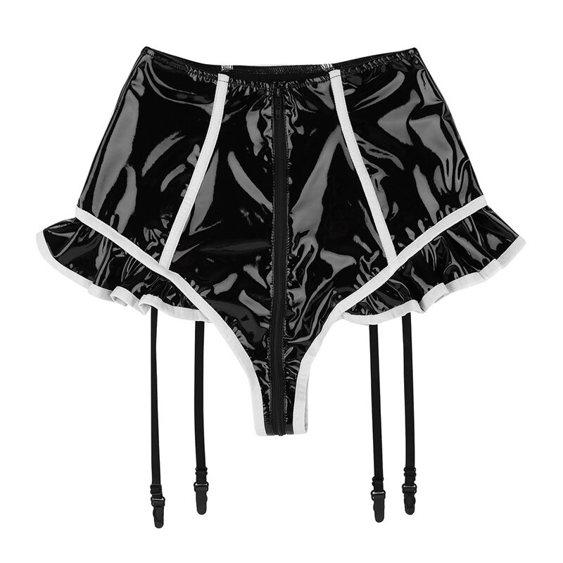 Womens Wetlook Clubwear Sexy Underwear / Faux Leather Ruffled Lined Zipper Surspender - EVE's SECRETS