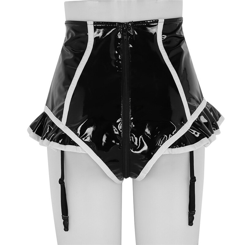 Womens Wetlook Clubwear Sexy Underwear / Faux Leather Ruffled Lined Zipper Surspender - EVE's SECRETS