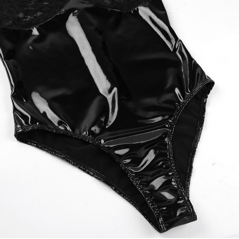 Women's Wetlook Lingerie Clubwear / Lace Splice High Cut Back Zipper Bodysuit - EVE's SECRETS