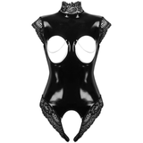 Womens Wetlook Nipples Hole Bodysuit / Exotic Teddies Patent Leather Open Cup Female Apparel