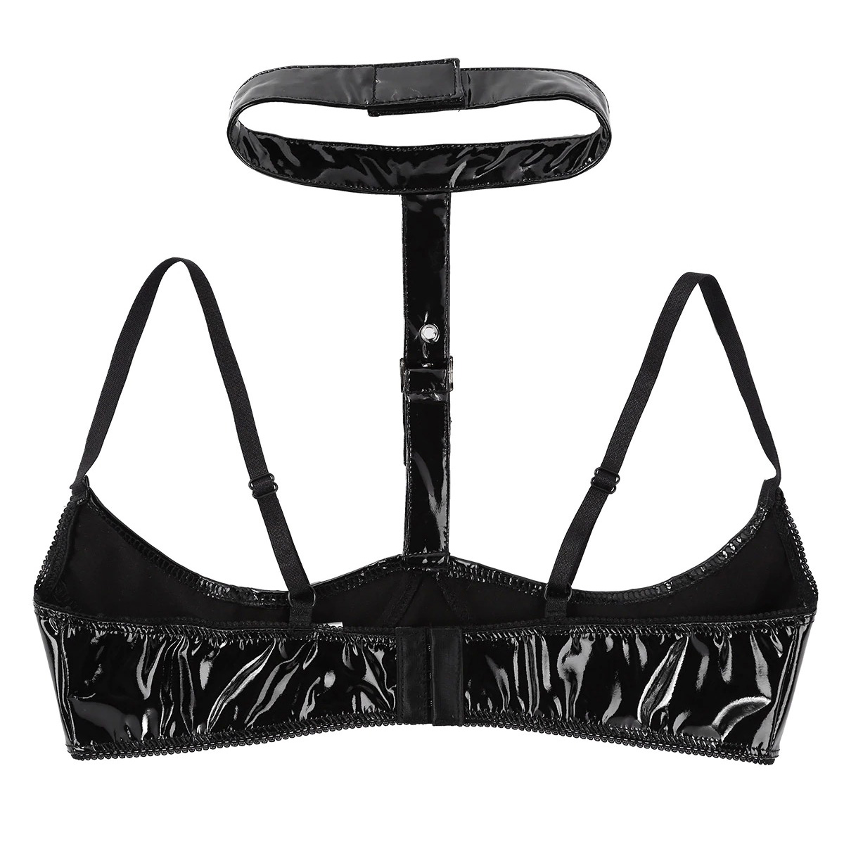 Women's Wire-Free Shelf Bra Top / Patent Leather Lingerie / Wetlook Open-Cup Bra With Halter Neck - EVE's SECRETS