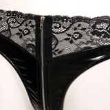 Women's Zipper Wetlook Panties with Lace / Female Sexy Low-Rise Black Briefs - EVE's SECRETS