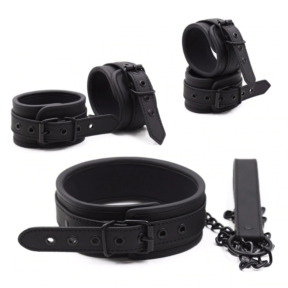 Wrist Cuffs & Ankle Cuffs & Neck Collar Solid Black Set / PU Leather BDSM Bondage Accessories - EVE's SECRETS