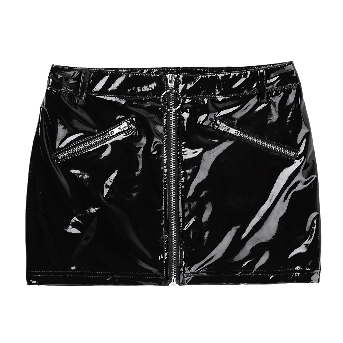 Zip Front Bodycon Mini Skirt with Pockets / Women's Sexy Wetlook Outfits in Black and Leopard Colors - EVE's SECRETS